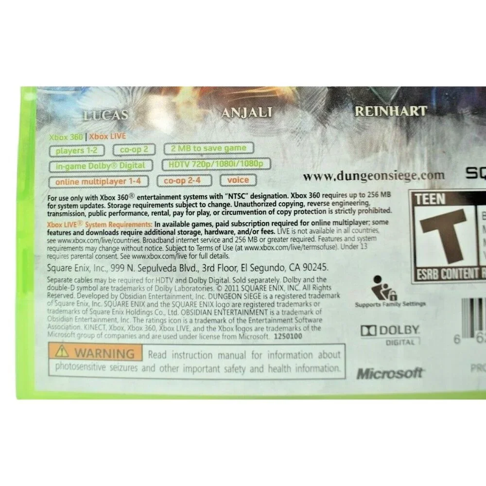 Square Enix Dungeon Siege III Microsoft Xbox 360, 2011 Sealed